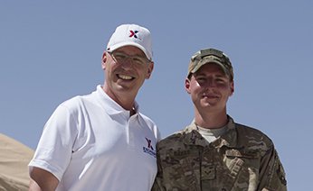 Family serving family: Father, son reunite downrange Gino Rakas (left), Army and Air Force Exchange Service services business program specialist for Europe, Southwest Asia and Africa; and Airman 1st Class Alexander Rakas, 332nd Expeditionary Maintenance Squadron munition system specialist, pose for a photo at an undisclosed location in Southwest Asia March 21, 2018. Alexander, who is stationed at Seymour Johnson Air Force Base, North Carolina, has been deployed for six months and was able to meet with his father when Gino visited on business for AAFES. (U.S. Air Force photo by Senior Airman Krystal Wright)