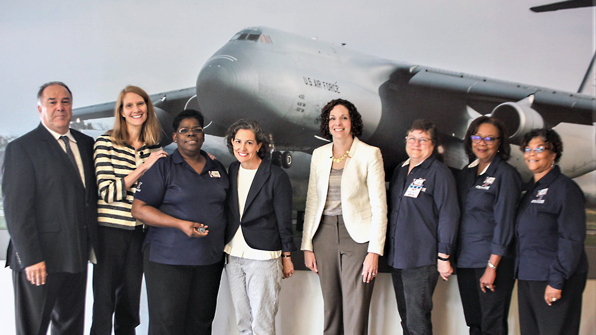 Dover Left to right, Teo Smith, Exchange general manager; Julie Blanks, Principal Director for Military Community and Family Policy; Barbara Taylor – Dover AFB Military Clothing Store Manager; Ann Thomas Johnston, Deputy Assistant Secretary of Defense for Military Community and Family Policy; Karin Orvis, Director, Transition to Veterans Program Office; Exchange department managers Lisa Cain, Yvette Copeland and Yvette Russell.