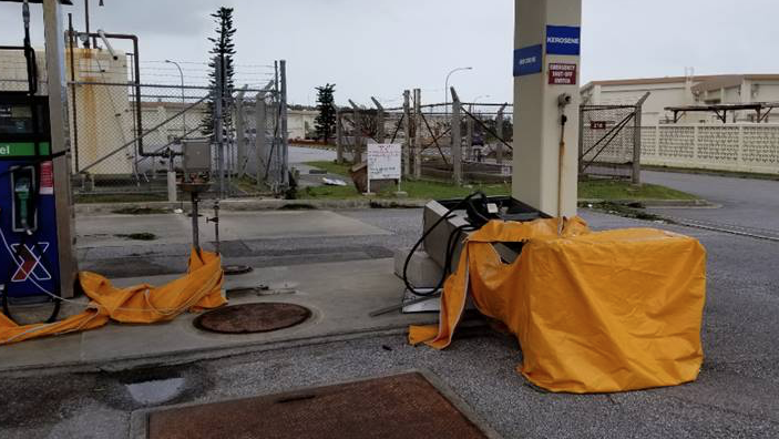 Screen Shot 2018-10-03 at 8.53.15 AM Toppled gas pumps at Kadena AB on Okinawa.