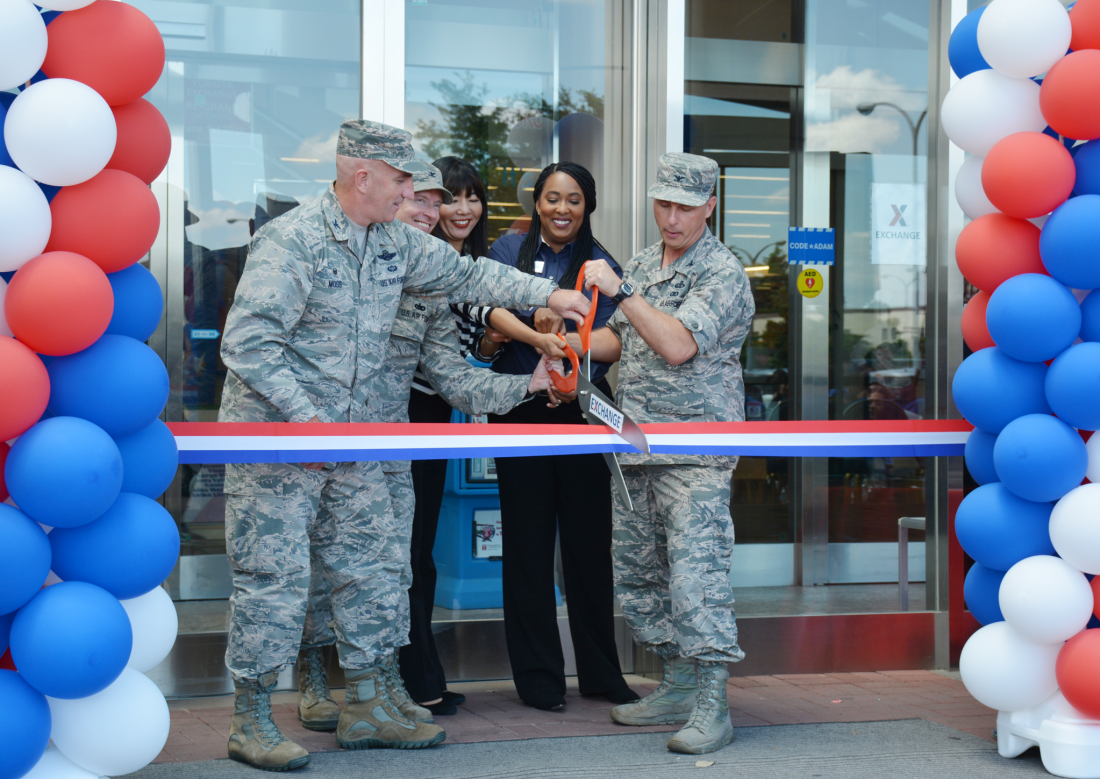 Yokota From left, Col. Kenneth Moss, 374th Airlift Wing commander; Col. John Winkler, 374th Mission Support Group commander; Shinobu Matsui, Exchange general manager; Latoya Harris, main store manager; and Col. Scott Maskery, Pacific Region commander, cut the ribbon on a $4.7 million renovation to Yokota AB’s store June 1.