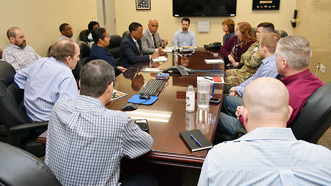 LogisticsMEET Leaders of the Exchange's Logistics Directorate meet with a member of the Headquarters, Department of the Army (HQDA) G-48 and a project manager to talk about transportation of goods to Warfighters.