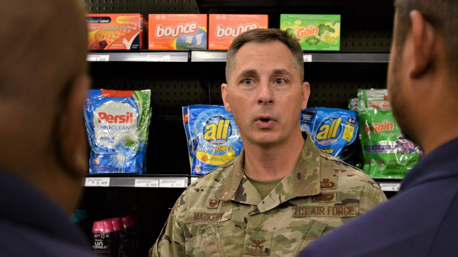 Maskery Main Col. Scott Maskery, AAFES Pacific Region commander, talks to associates at the Saipan Express about annual goals, customer engagement, and thanked them for their hard work and dedication while serving the U.S. military and the island’s Veteran community during his site visit to Guam and Saipan in February 2020. (U.S. Army Photo by Staff Sgt. Mark A. Kauffman)