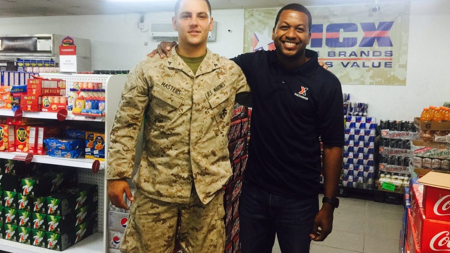 <strong>Sedric Thomas, right, with his cousin Randal Masters at Al Jaber Air Base in Kuwait.