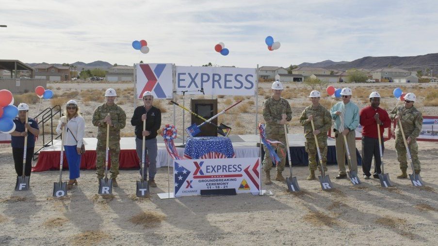 Fort Irwin shovels (L-R): Camille Gonzales (New Gas Station Facility Manager), Ladda Thomas (GM AAFES Fort Irwin), COL Korth, Kip (AAFES Command Engineer), Robert Rice (VP West Coast), BG Taylor, Curtis (Fort Irwin Post Commander), COL Clarke, Jason (Garrison Commander), Steven Ryan (Deputy Garrison Commander), Derrick Pace (Director DPW), CSM Fedorisin, Paul (Garrsion CSM).