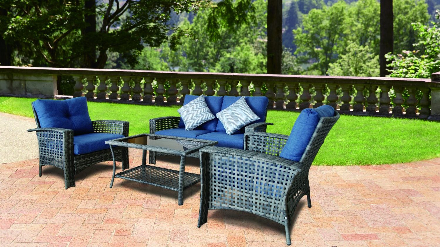2887042 Garden View 4pcs Cushioned Wicker Chat Set - 2 <strong>Patio furniture, such as this Garden View four-piece cushioned wicker chat set, has been selling exceptionally well in Outdoor Living.</strong>