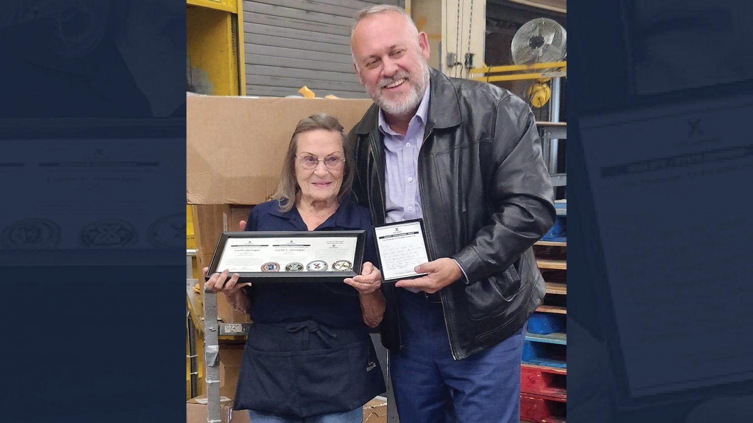MicrosoftTeams-image (77) <b>Ronny Rexrode, Pacific Region Senior Vice President, presents Lucy Hennigar with Western Region and COO challenge coins. Hennigar, 87, began her Exchange career at the McClellan BX in October 1960.