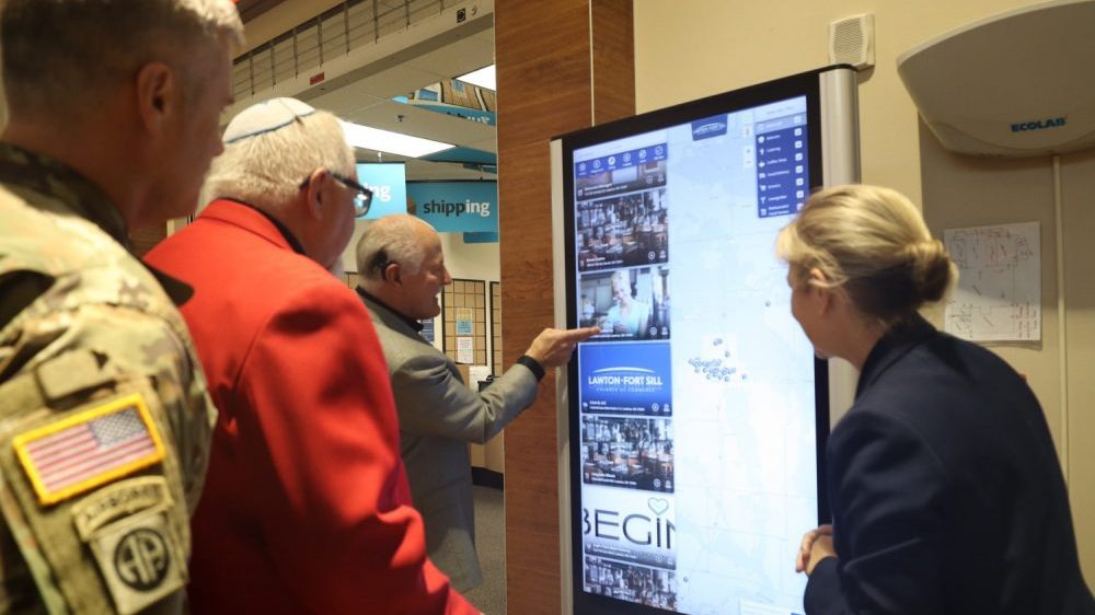Fort Sill tourism kiosk GO Lawton Mayor Stan Booker tries out the new tourism kiosk at the Fort Sam Exchange mall on Nov. 28.