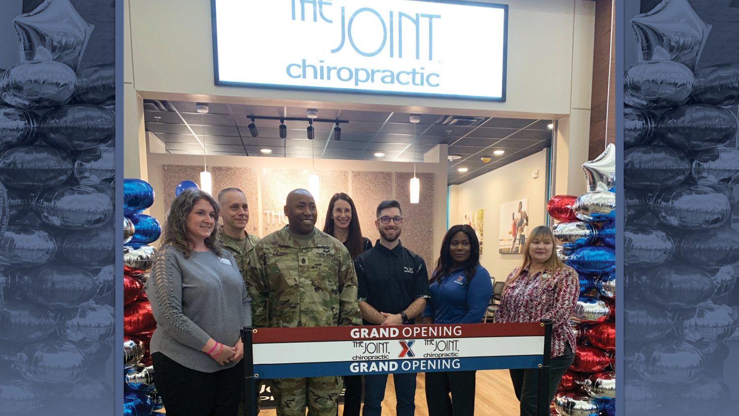 MicrosoftTeams-image (1) <b>From left: Exchange Assistant Services and Business Manager Tina Eakin, Col. Scott Stoke (Carl R. Darnell Medical), Garrison Command Sgt. Maj. Calvin Hall, Chiropractors Dr. Levi Curran and Dr. Robin Cole, General Manager Charlyne Morganfield, and Services and Business Manager Pamela Hunter gathered to cut the ribbon the Exchange’s third chiropractic clinic.</b>