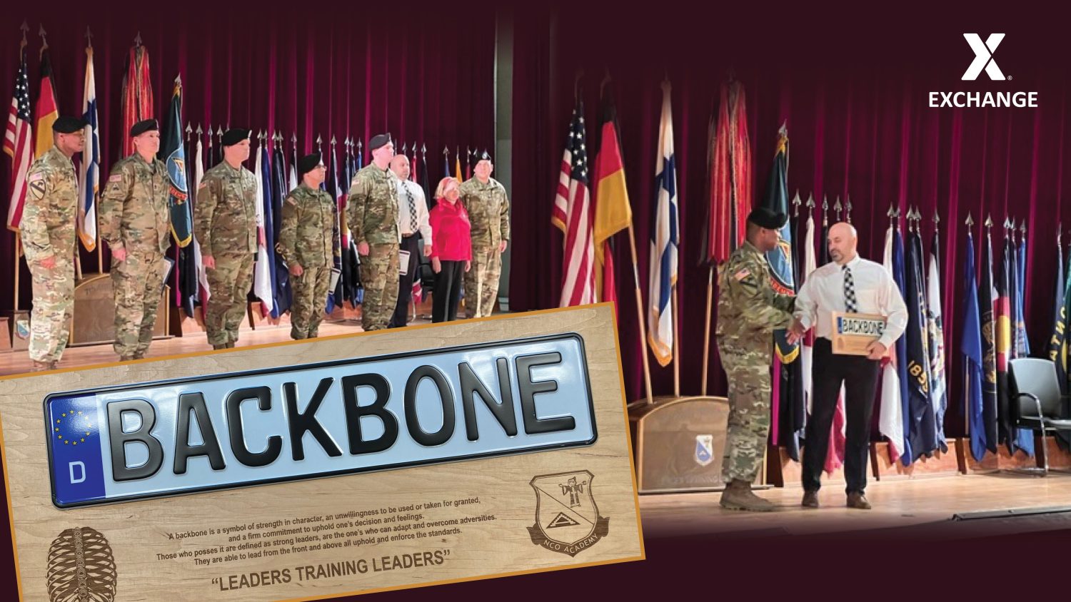 Grafenwoehr_GM_CSM7THNCOAcademy_Plaque <b>n January, Command Sgt. Maj. James Holmes, commandant, 7th Army NCO Academy, presented Smith with a special plaque for the Exchange’s outstanding service and support for academy trainees.
“The plaque we received is called the ‘backbone’ award because the Exchange helps carry them,” Smith said. “We are leaders serving leaders. It was an honor to have received it.”