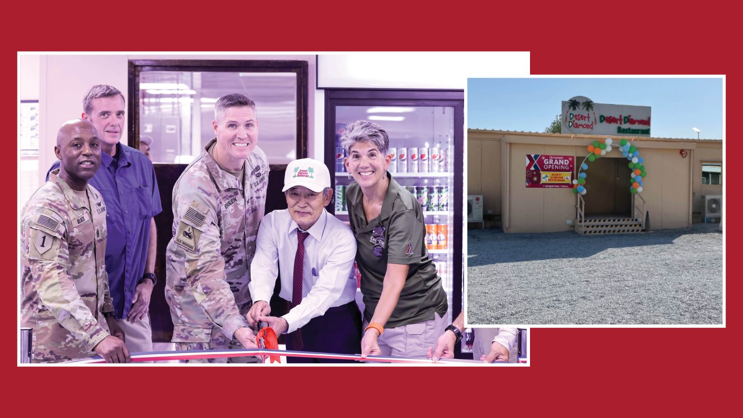 Cuting the ribbon on the Camp Arifjan location of Desert Diamond are, from left: CSM Leon Black ASG-K, James Clark, Regional VP SWA, COL Daniel Enslen, Commander ASG-K, Mr. Jung Sung, Owner Desert Diamond, Beth Goodman-Bluhm, General Manager Kuwait/Jordan Exchange.</b>