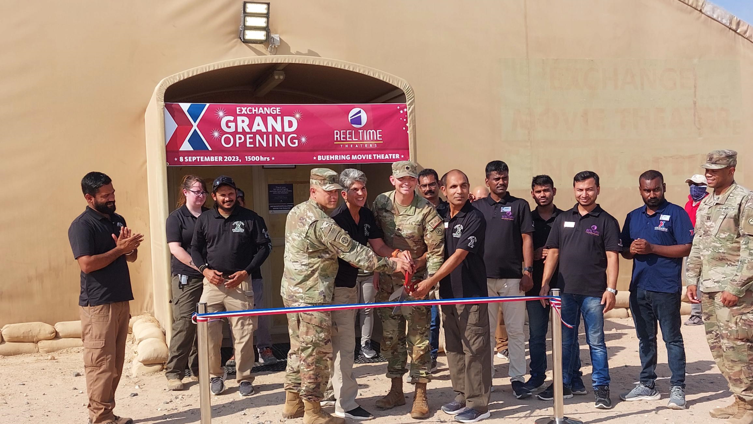  CSM Ruben Borja, Beth Goodman-Bluhm, GM, LTC Russell Isaacs CBKU BSB Commander, Amer Raza, Theater Manager. 
