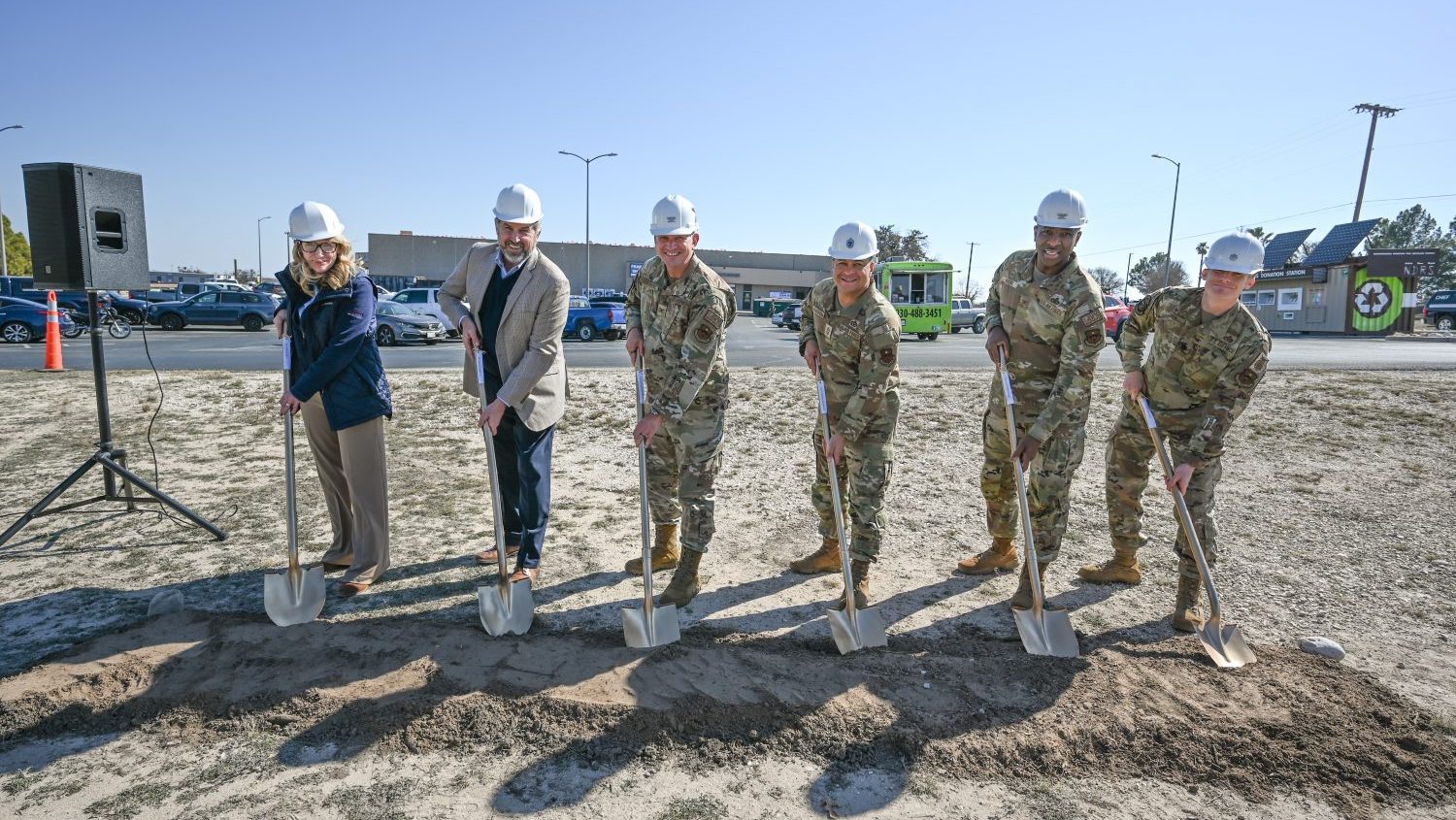 <b>Leadership and key personnel turned the first shovels of dirt, symbolically commencing the project. From left: Exchange Store Manager Julie McNeil, Exchange Real Estate Vice President Michael Smietana, 47th Flying Training Wing Commander Col. Kevin Davidson, 47th FTW Command Chief Master Sgt. Lester Lagaespada, 47th Mission Support Group Commander Col. Robert Moore and 47th Civil Engineer Squadron Commander Lt. Col. John Casey prepare to shovel dirt at the groundbreaking ceremony of the Express update at Laughlin Air Force Base, Texas. (U.S. Air Force photo by Airman 1st Class Keira Rossman)</b>