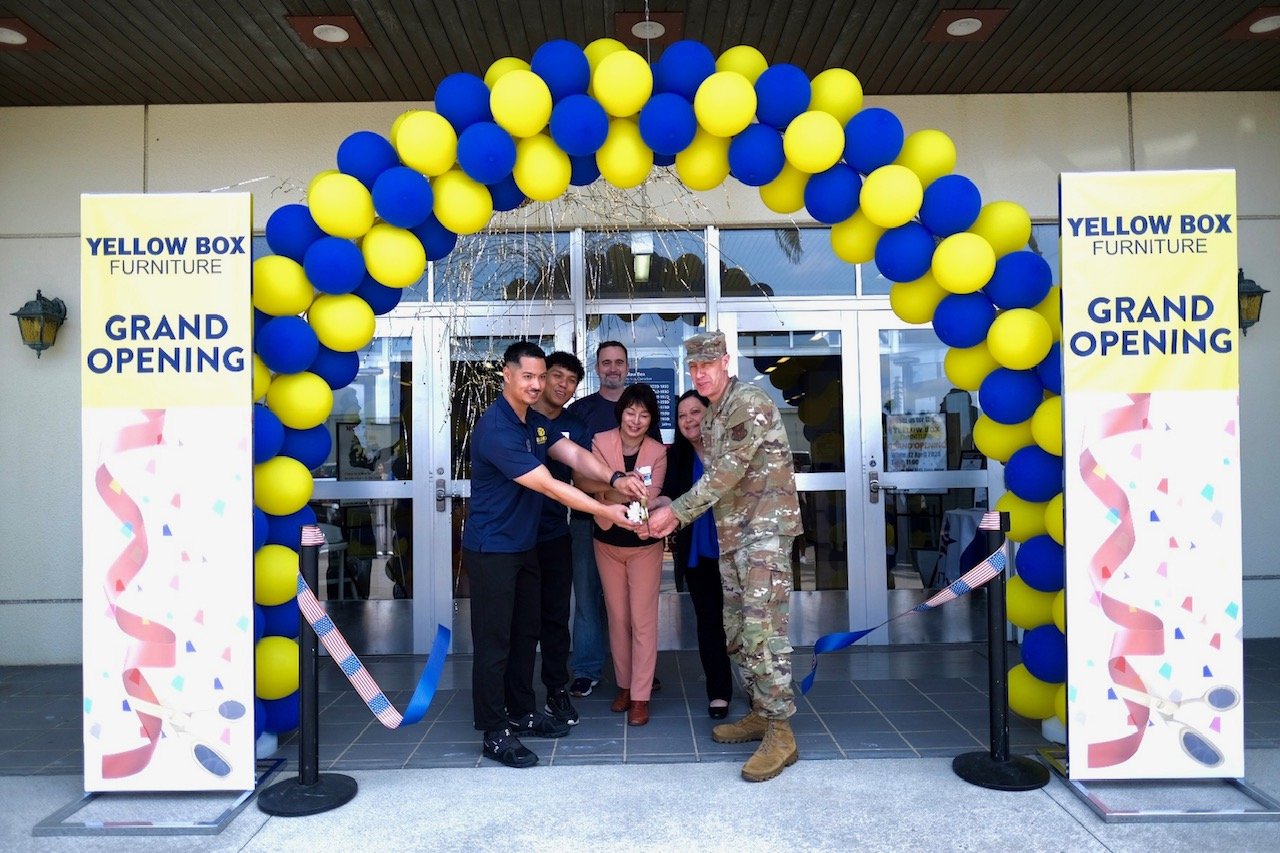 Yellow Box Grand Opening (8) <b>From left: Mr. Shota Noborikawa, Yellow Box Director
Mr. Isoroku (Roku) Motomura, Yellow Box Store Manager
Mr. Benjamin Bigger, Yellow Box Supervisor
Ms. Naoko Teruya, Okinawa SBM
Ms. Kristine Cowley, Okinawa Exchange General Manager
Col Jason L. Beck, Pacific Region AAFES Commander</b>