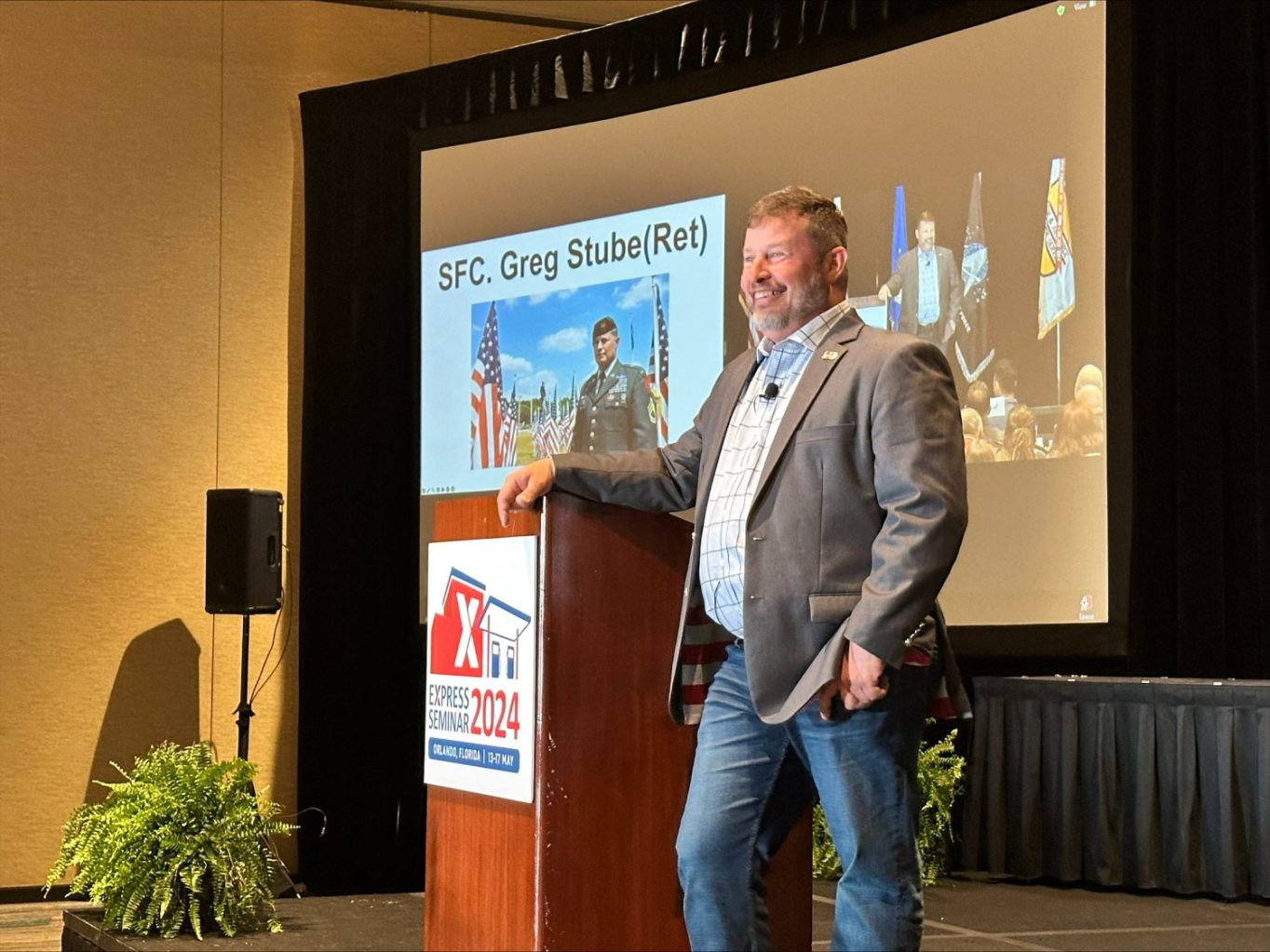 2024 Exchange Seminar_Greg stube <b>At the 2024 Express Seminar, retired Sgt. 1st Class Greg Stube told Express managers and Exchange senior leaders.