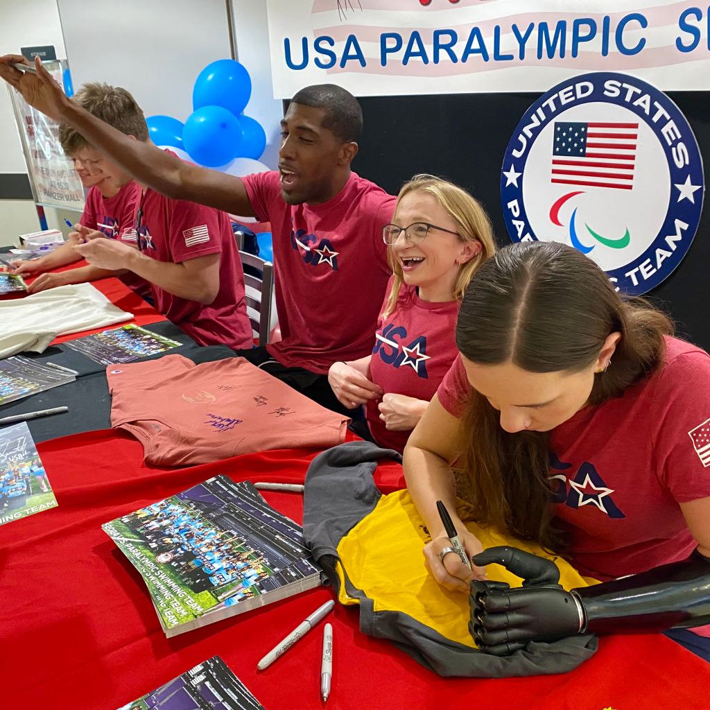 Stuttgart_Paralympians <b>From left: U.S. Paralympian swimmers, from left: Jamal Hill, McKenzie Coan, Lizzi Smith