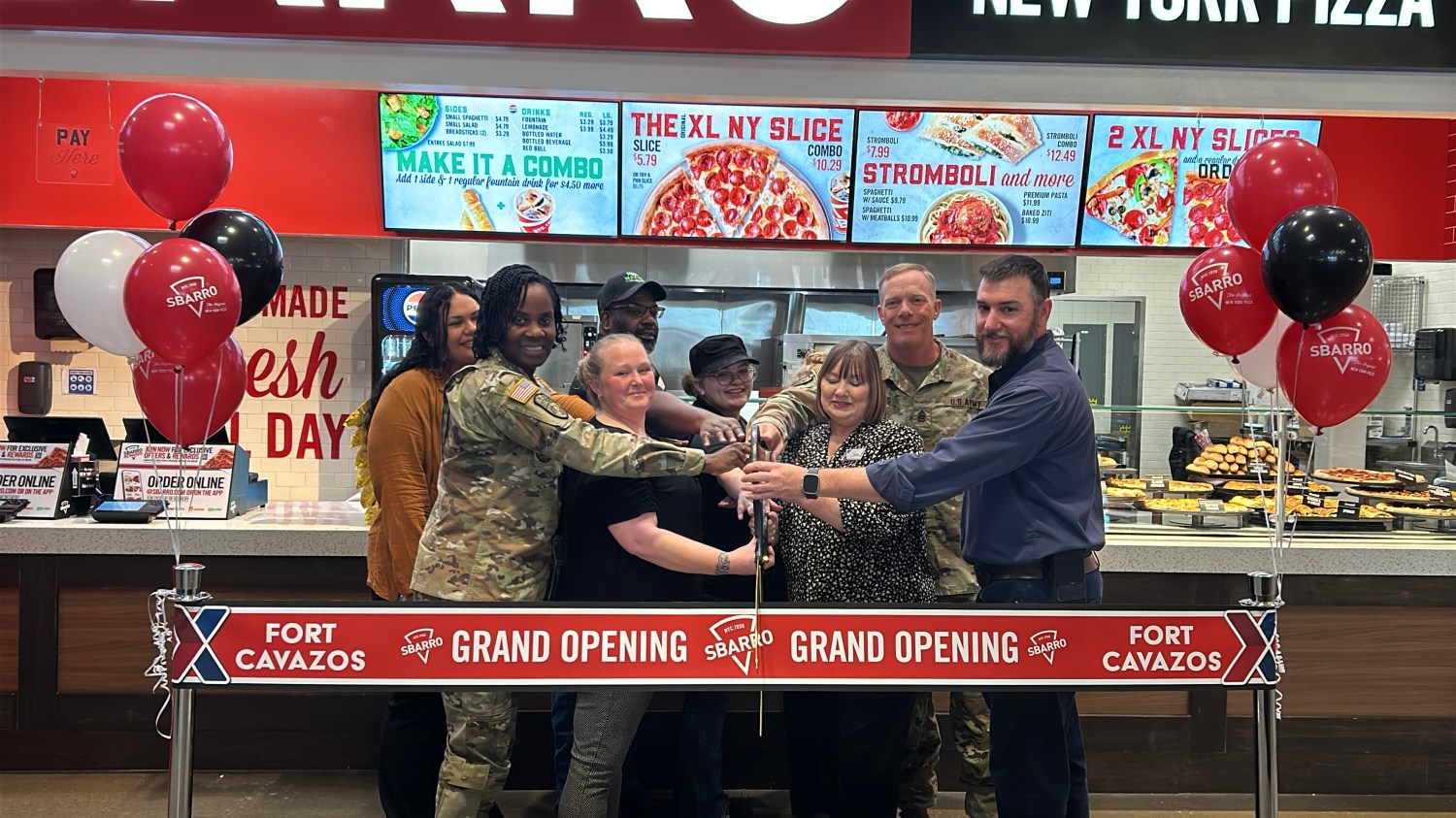 Cavazos Sbarro Exchange and Fort Cavazos leaders cut the ribbon on the new Sbarro,