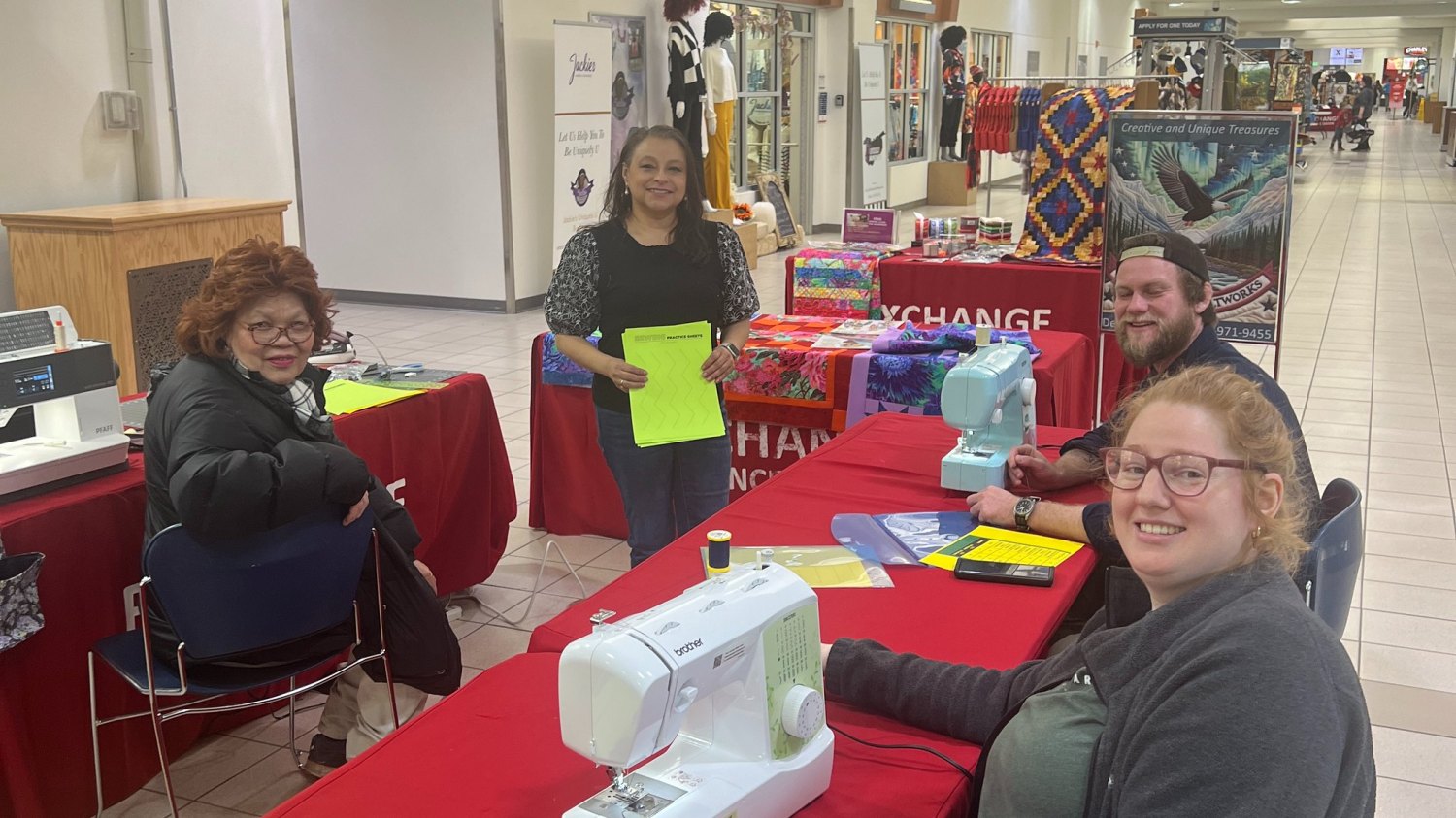 54222203747_735403347b_k (1) <b>Delma Edwards (center), owner of Eagle River Quilt Works, hosted a free beginner sewing class at the JBER Main Exchange over Veterans Day weekend.</b>