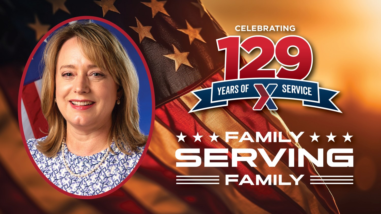 Head shot of Tamara Loonam with 129 Years of Family Serving Family text.