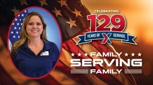 Amanda Brownell head shot with 129 Years of Family Serving Family text