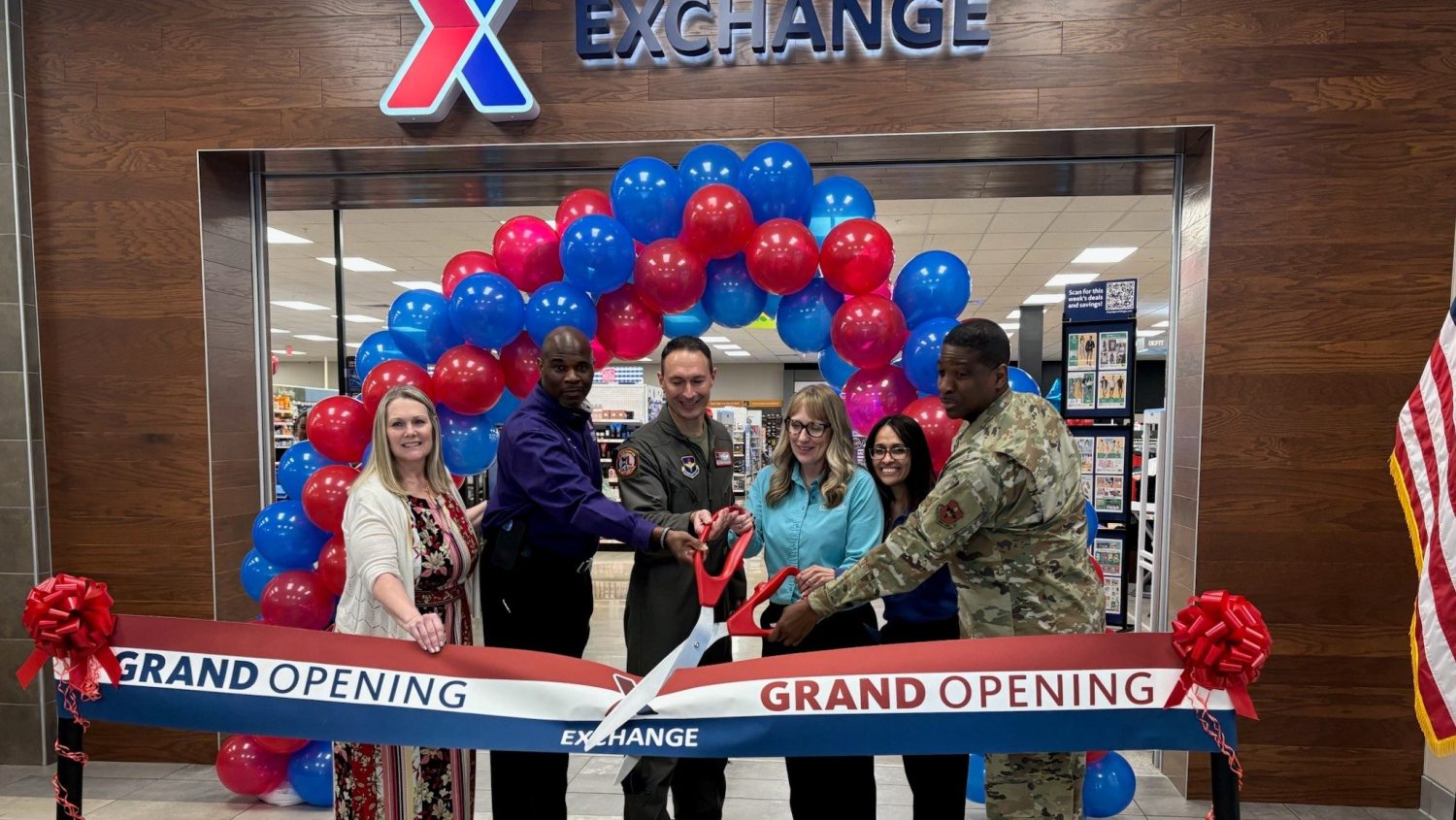 Celebrating the reopening of the Laughlin AFB BX are, from left: Exchange Central Region Senior Vice President Rebecca Santee, South Central Vice President Antonio Porter, Laughlin AFB 47th Fighter Wing Commander Col. Tyler Ellison, Main Store Manager Julie McNeill, General Manager Madeline Salazar and 47th Mission Support Group Commander Col. Robert Moore,