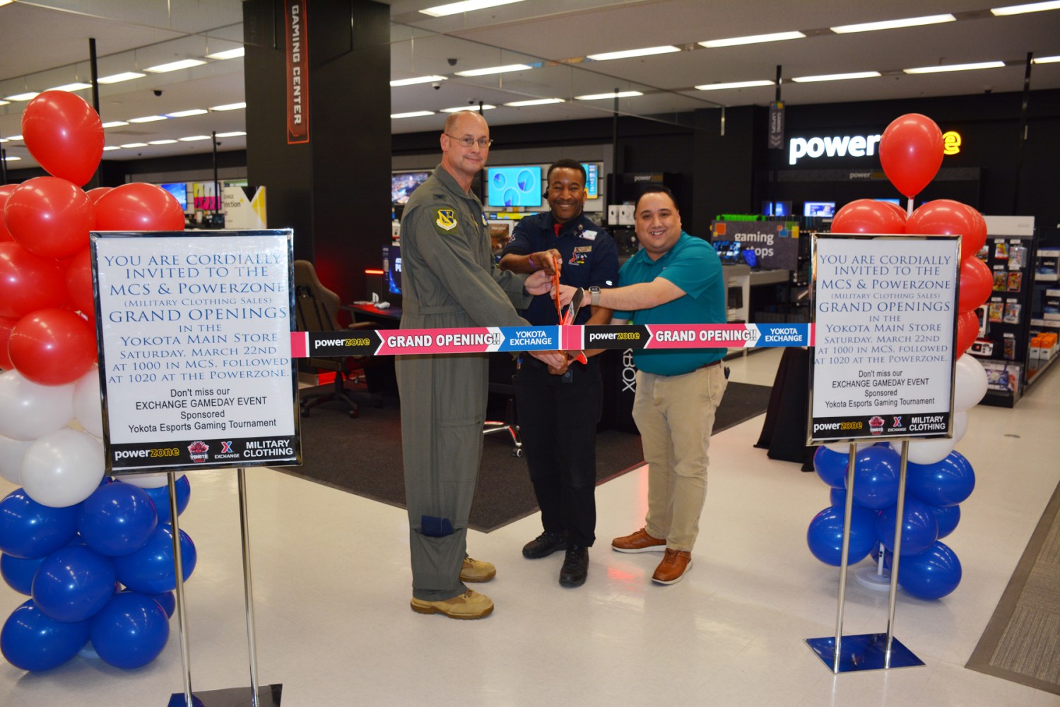 <b>Photo caption: Left to right: Yokota AB 374th Wing Commander Col. Richard McElhaney, Yokota AB Sales Area Manager Ricardo Cabral and Yokota AB GM Andrew Defelice cut the ribbon on the upgraded PowerZone and relocated Military Clothing store.</b>