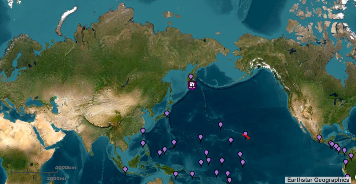 <b>The first of several tsunami threat maps, issued early Wednesday evening by U.S, Tsunami Warning Centers  after an 8.8-magnitude earthquake off the coast of Kamchatka, Russia, created tsuanmi possibilities through much of the Pacific Region.</b>