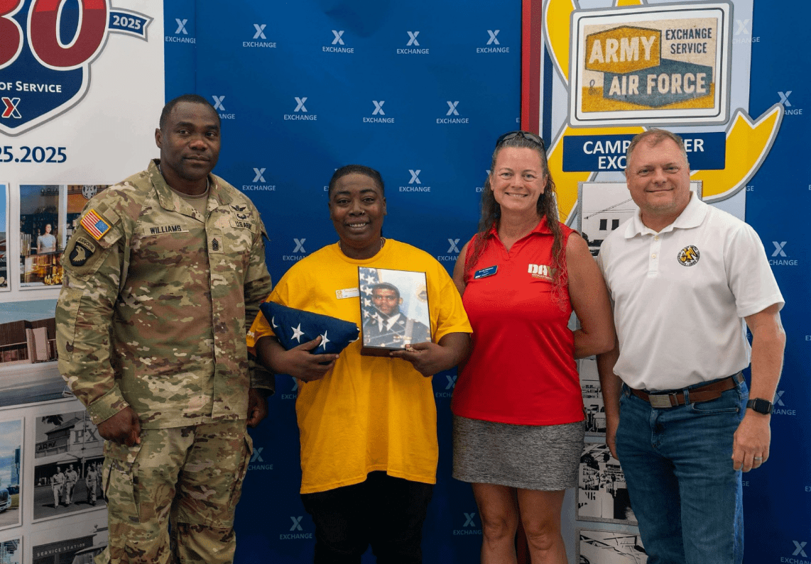 Pictured during the ceremony are Garrison CSM J. Gary Williams, Keywanna Jones, CSM (Ret) Brandi Whitman, and CSM (Ret) Mike Sutterfield—a moment of recognition, healing, and pride for a family that has carried Clyde’s legacy in their hearts for many years.