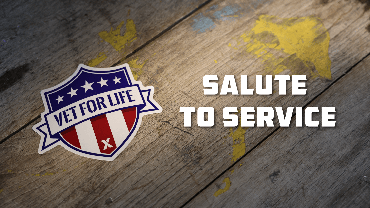 Vet for Life patch (Vet for Life on red white and blue shield) and "Salute to Service" over brown backgrund.