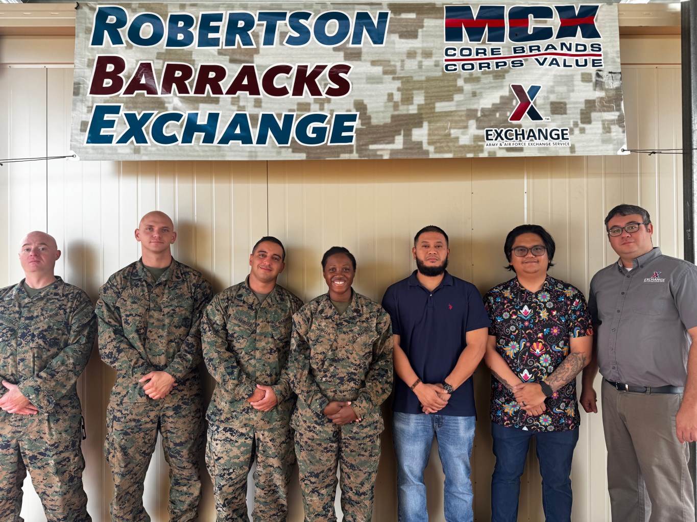 <b>Marines staff the Robertson Barracks BX in northern Australia, while the Exchange provides the merchandise. Pictured, from left: SSgt Gregory Divins-Stoll (2025 MRF-D Dry Season Rotation)
SSgt Daniel Keaveny (2025 MRF-D Dry Season Rotation)
SSgt Joel Henriquez (2025 MRF-D Dry Season Rotation)
GySgt Edjunique Morman (2025 MRF-D Dry Season Rotation)
AAFE Field Technical Supervisor Vicente Villegas
AAFES End User Computer Technician Bryan Mejares
AAFES Okinawa Exchange Retail Business Manager Danny Cawood
