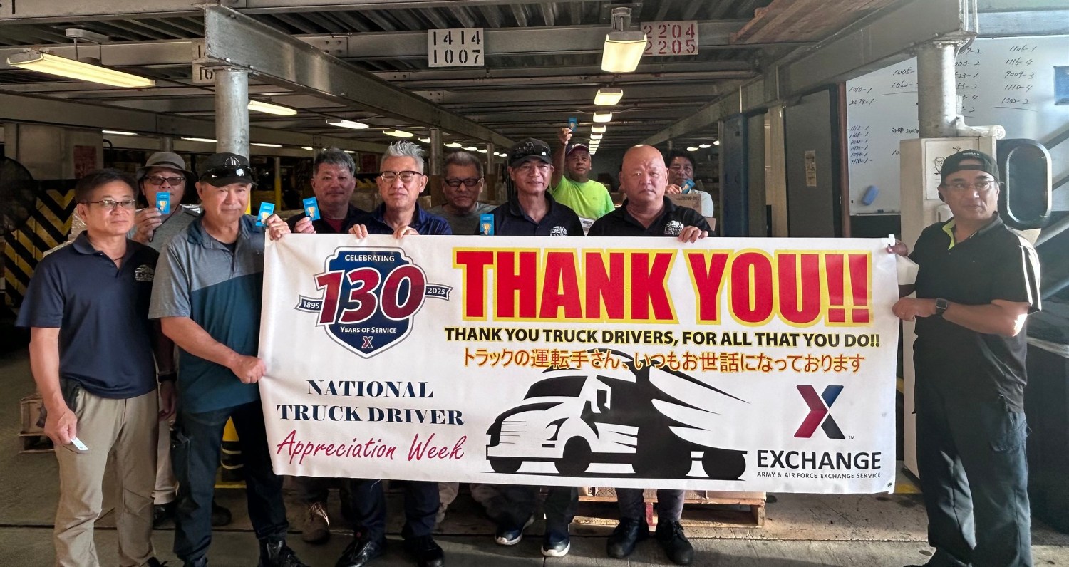 NTDAW_Okinawa DC <B>Okinawa DC Transportation Terminal showed its appreciation for its drivers. Pictured, from left: Fukuchi Yoshitake, Matsuda Hiroto, Unten Masanori, Higa Hidetsugu, Sakumoto Toshiro, Ashimine Yasushi, Kinjo Kazushi, Yamashiro Yasuji, Iha Osamu, Unten Mamoru, Teruya Minoru.</B>