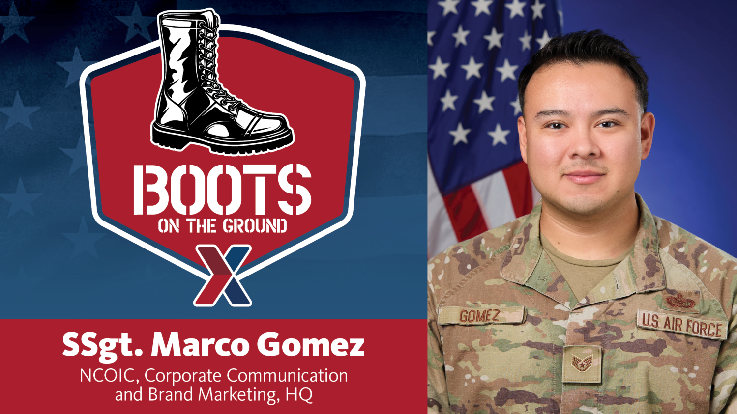 Photo of SSgt. Marco Gomez in uniform with American flag in background. Accompanied by Boots on the Ground graphic (boot, Exchange logo) and text.