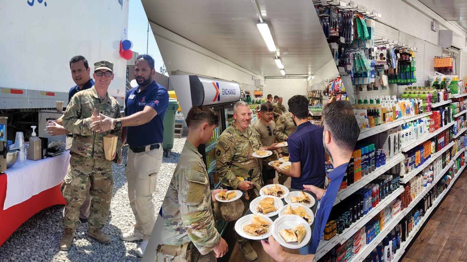 ExPost-EUR-IraqMFE Collage of three photos: Two Exchange associates and service member outside MFE; several service members inside MFE with sandwiches on plates; shelves of personal-care products.