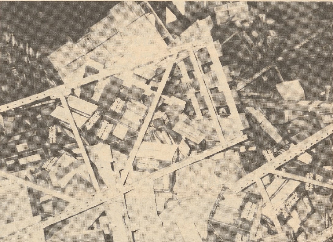 Newspaper photo of damage (fallen racks of merchandise) at the Exchange's Oakland Distribution Center after the Oct. 17, 1989, Bay Area earthquake.