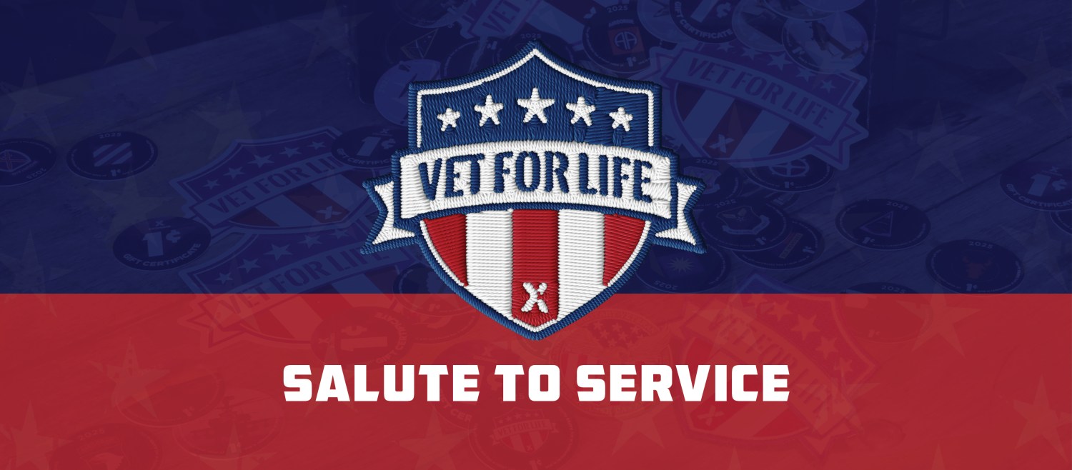 Graphic with Vet for Life on shield and Salute to Service below.
