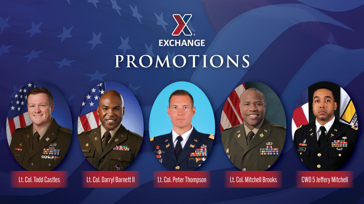Exchange Promotions graphic with photos of five Army members.