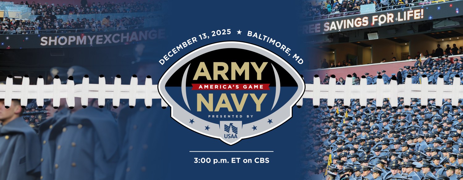 Football-shaped Army-Navy game logo.