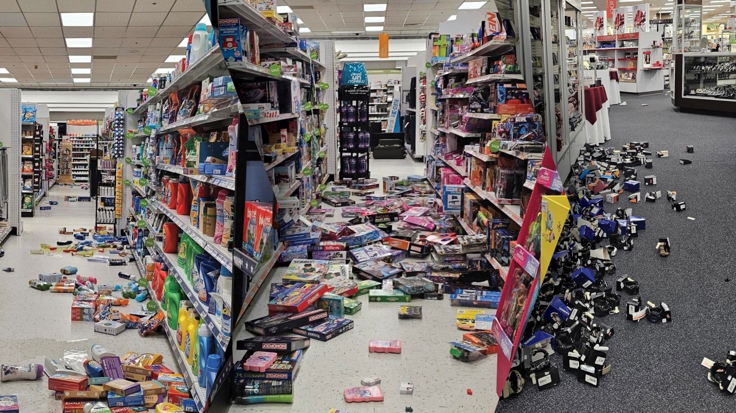 Dozens of shoes, toys and other items knocked off shelves by earthquake at Misawa AB main Exchange.