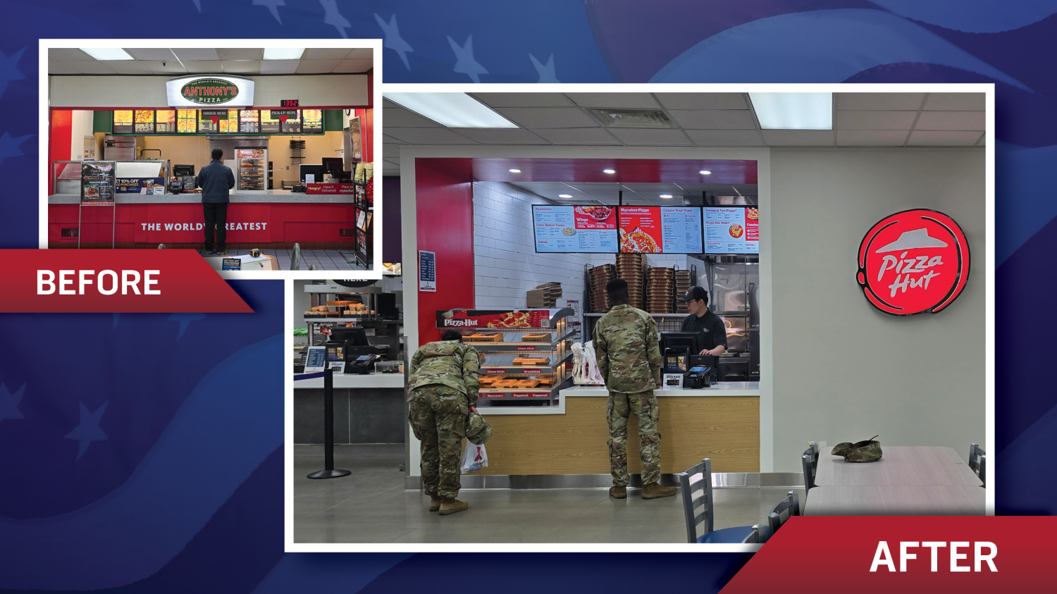 "Before" photo of Anthony's Pizza and "After" photo of Pizza Hut at Camp Casey food court