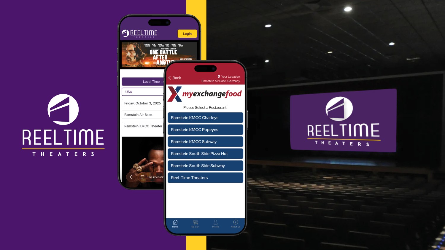 Graphic featuring opened smartphone apps showing theater options.