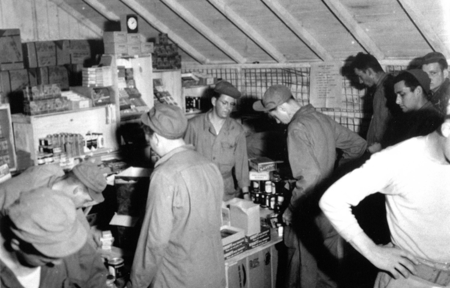 Crowd of servicemen in PX in World War II England.