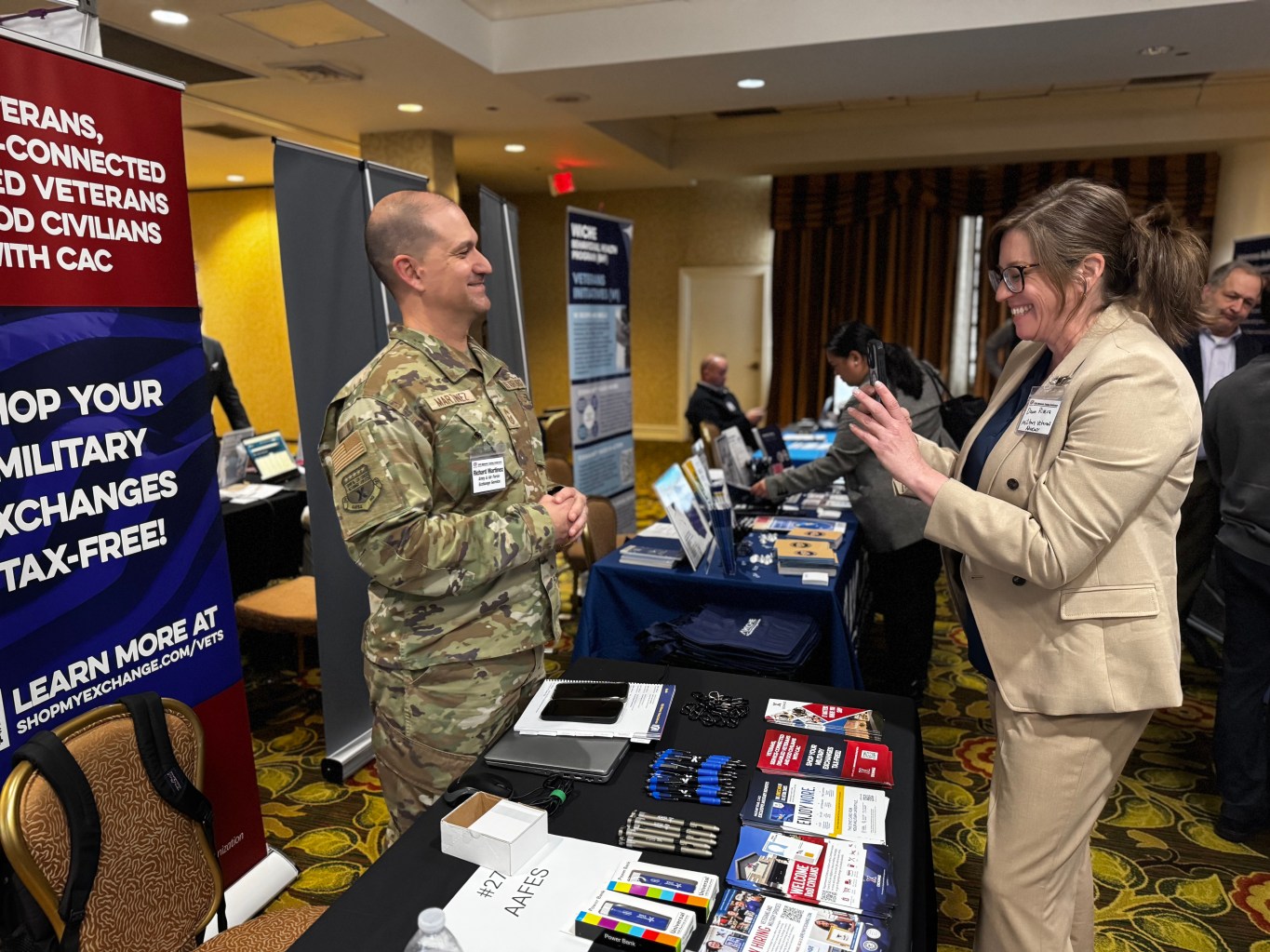 Exchange Senior Enlisted Advisor Chief Master Sgt. Rich Martinez talks with a Veterans Advocate.