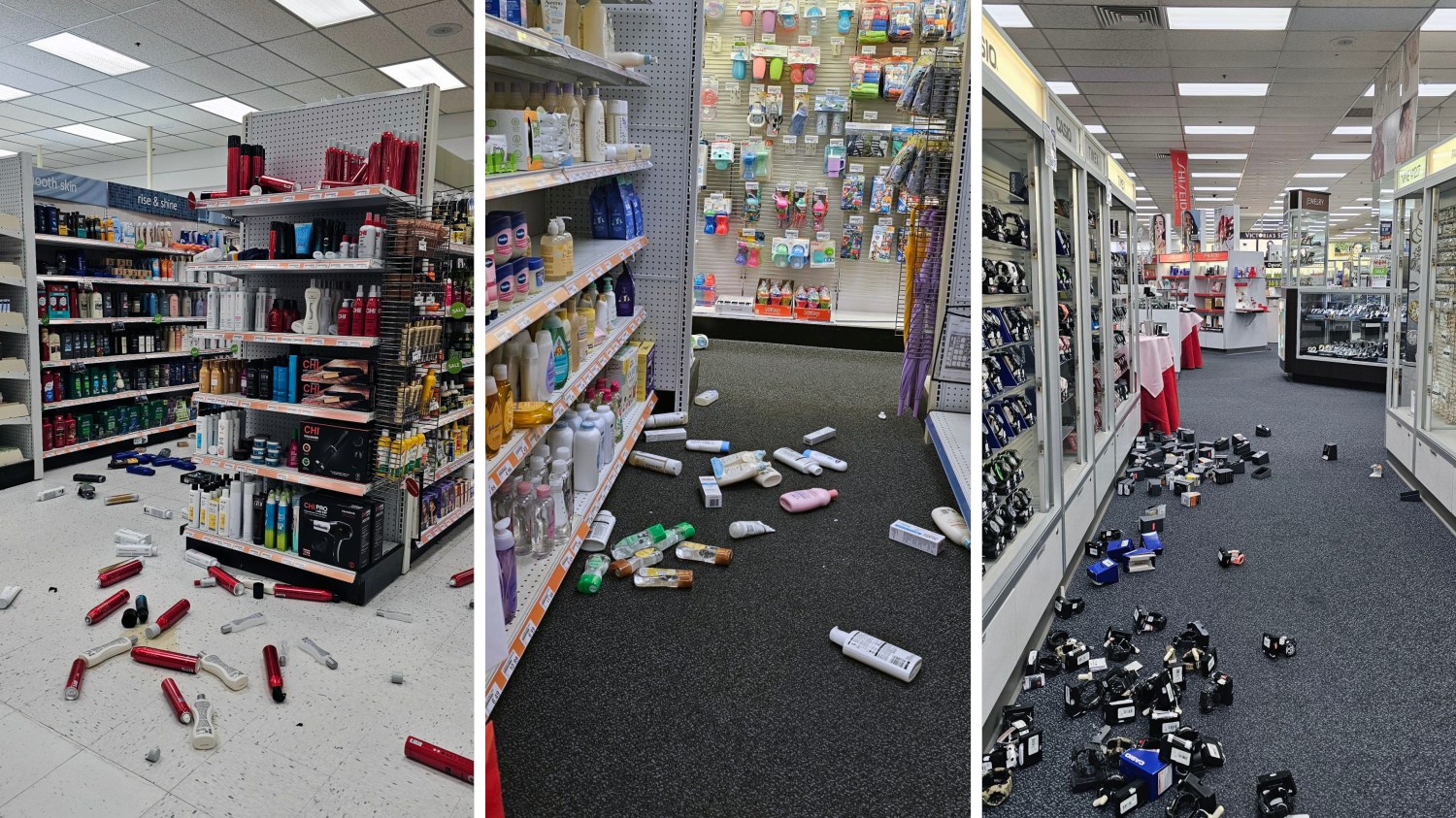 Three photos of merchandise knocked off shelves by earthquake.