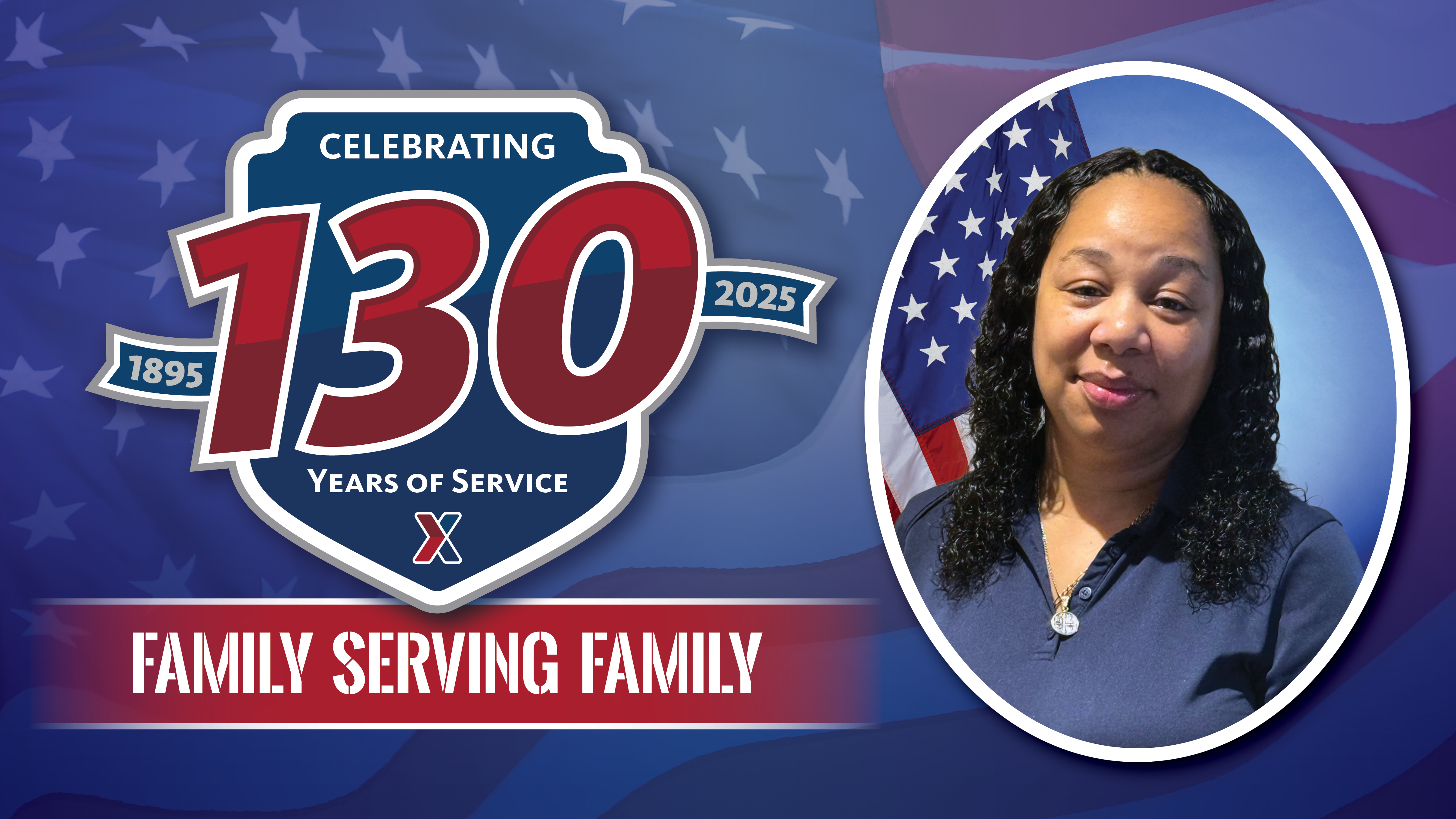 Sophelia Gibson head shot with "130 Years of Family Serving Family" text