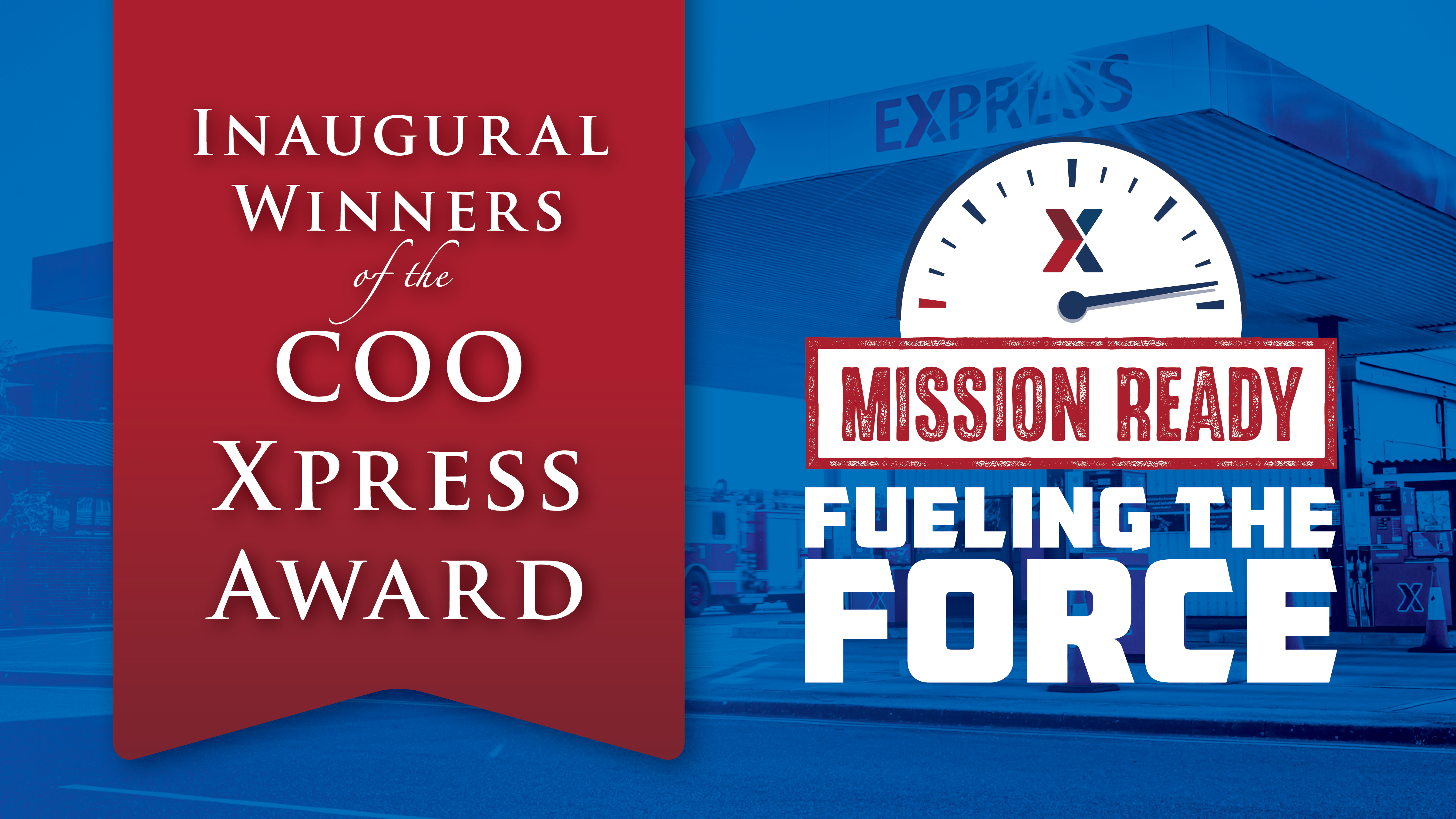 Graphic with text. Verticial red ribbon with text: Inaugural Winners of the COO Xpress Award. At right, drawing of clock face with Exchange brand and text: Mission Ready: Fueling the Force