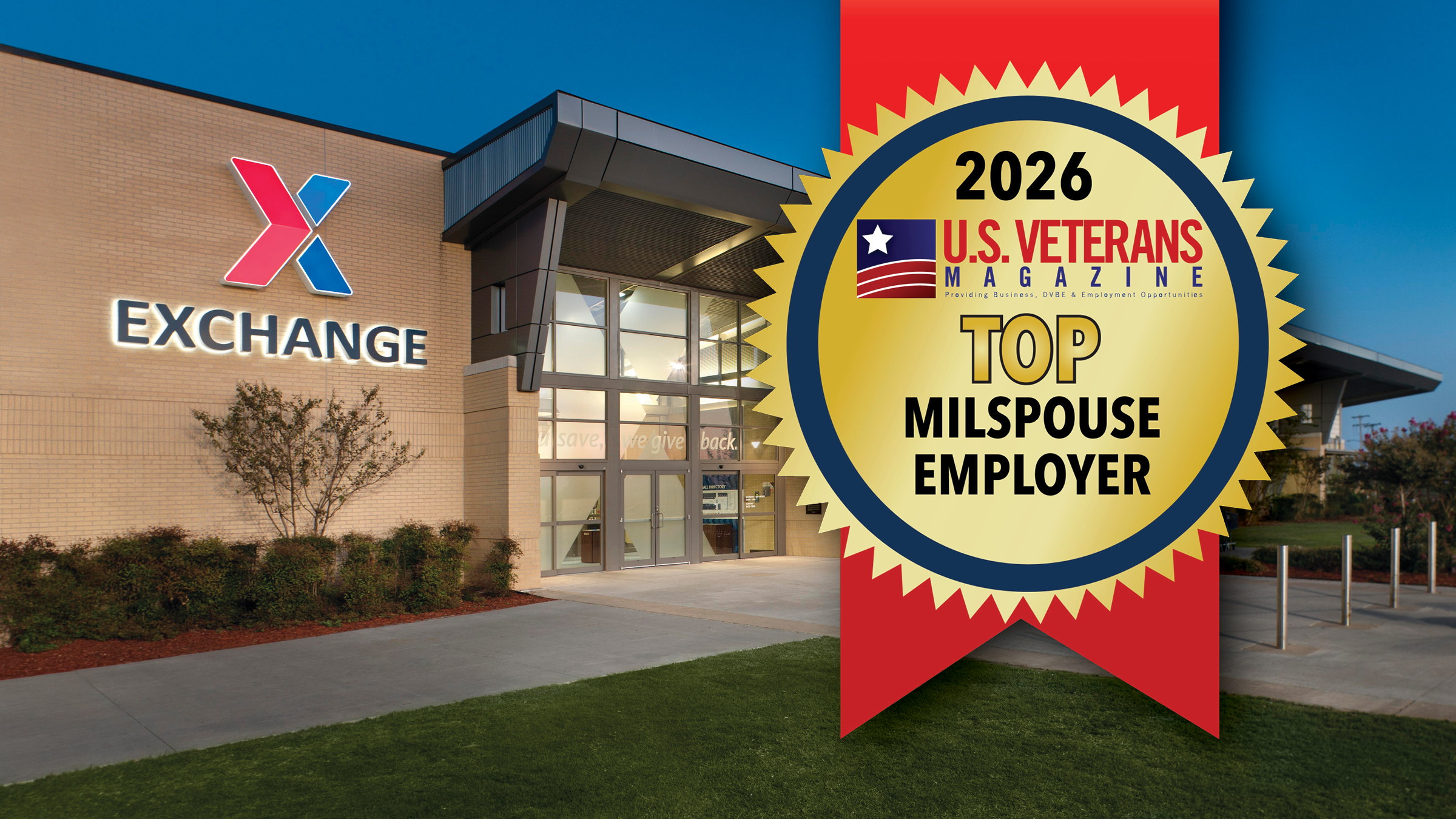 Graphic with 2026 U.S. Veterans Vamagazine Top Milspouse Employer ribbon in foreground and Exchange storefront in background.