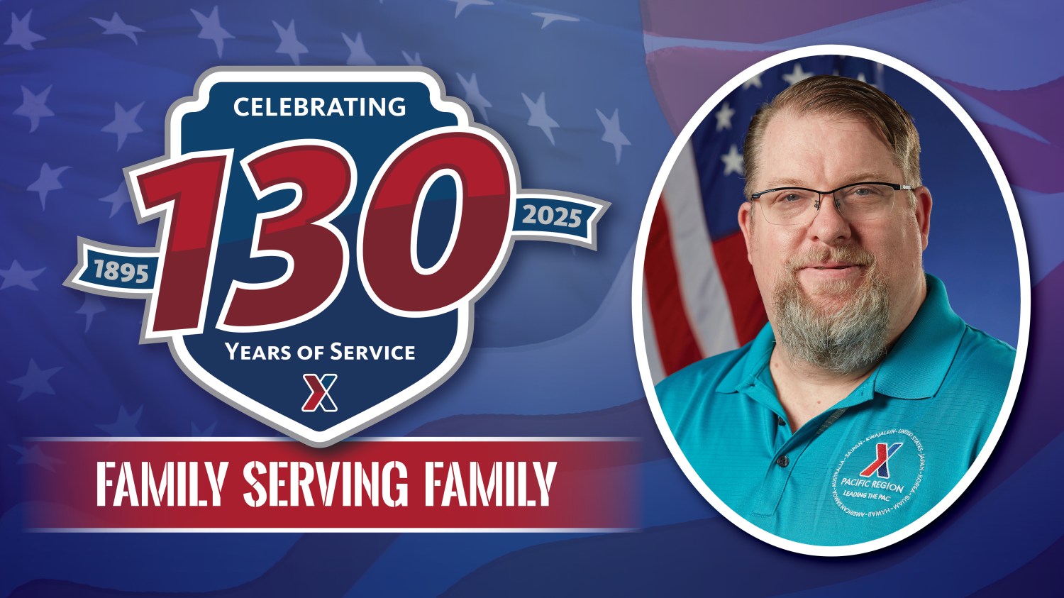 Justin Johnson head shot with 130 Years of Family Serving Family text.
