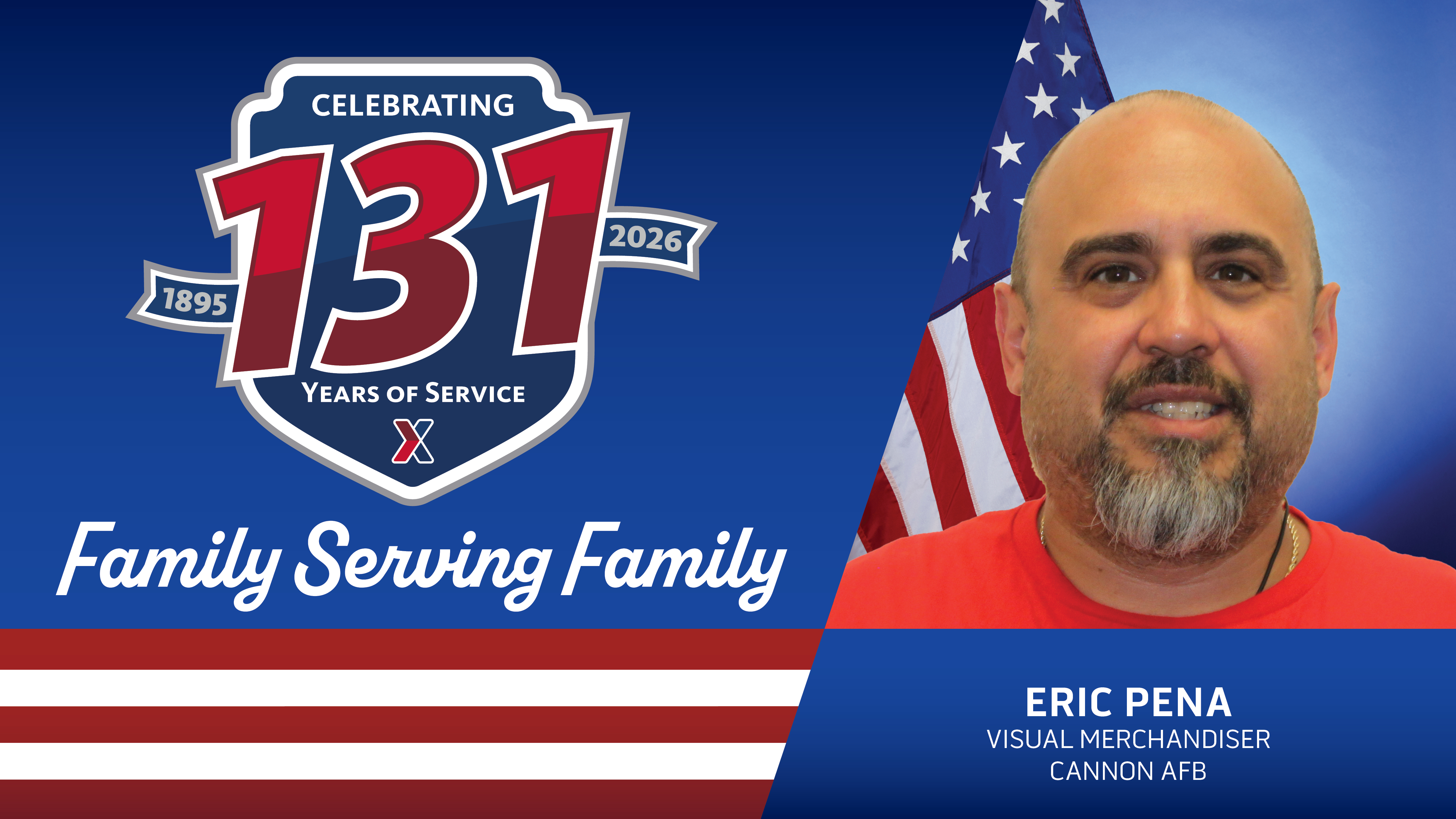 Eric Pena head shot with 131 Years of Family Serving Family logo.