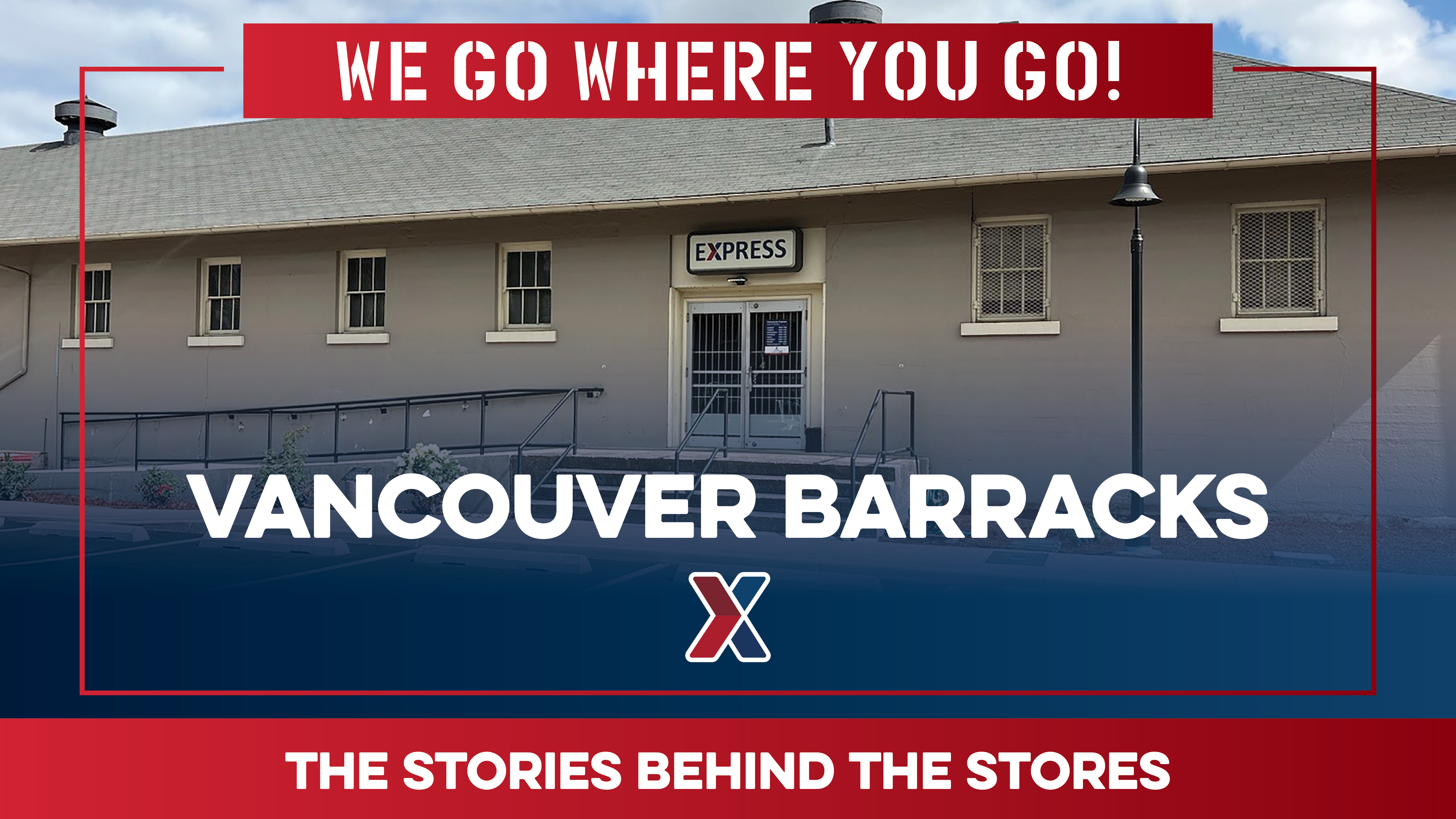 Cuurent photo of Vancouver Barracks Express with text: We Go Where You Go: The Stories Behind the Stores