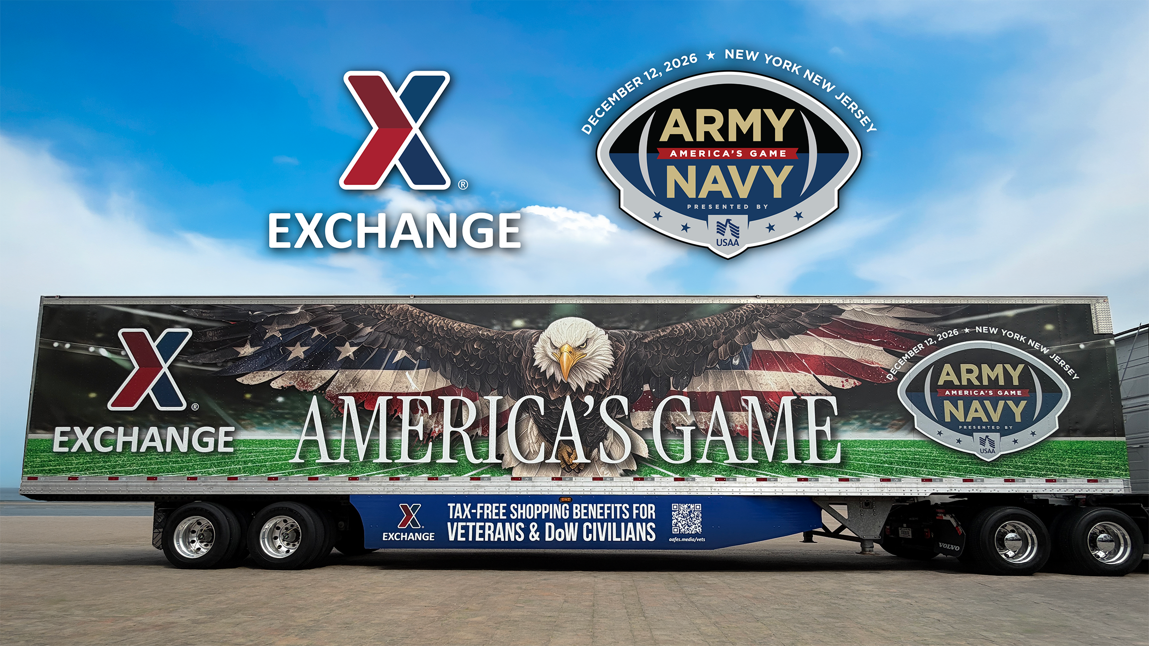 A truck trailer wrap featuring the Exchange and Army-Navy Game logos, a bald eagle with the American flag imprinted on its wings and the message “America’s Game.”