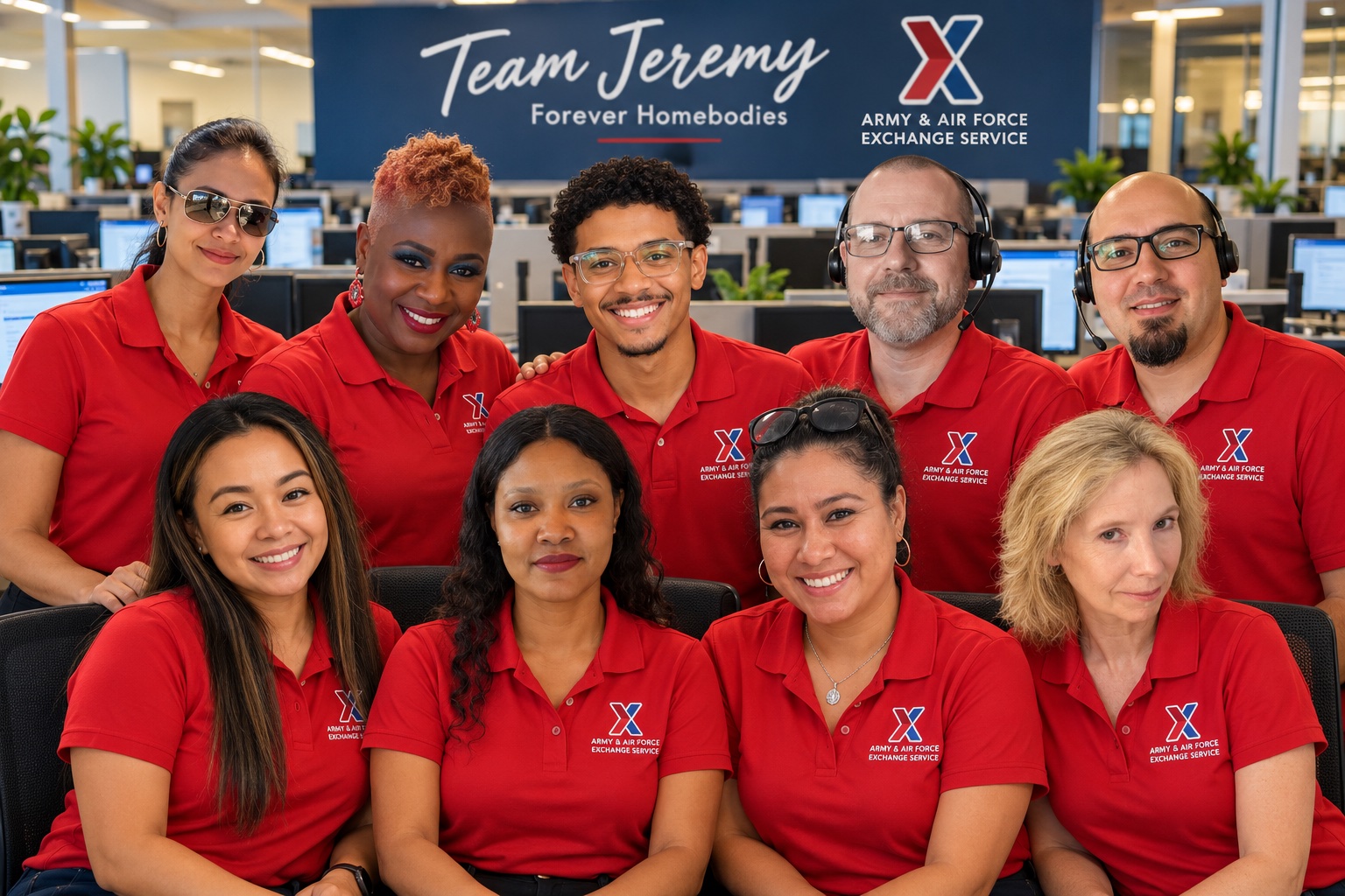 Group of nine Exchange contact center associates wearing red Exchange polo shirts.